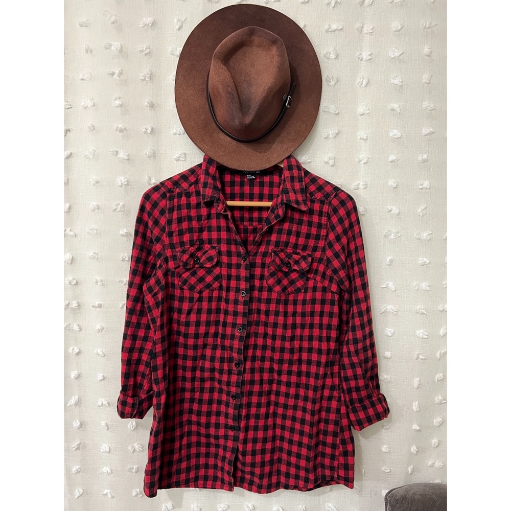Red Gingham Flannel Button Up Shirt